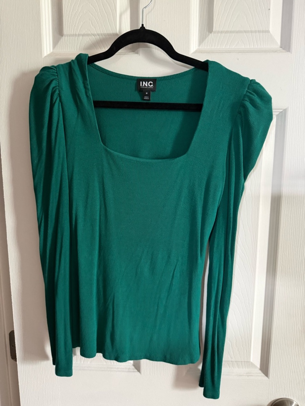 Emerald Green Square Neck Puff Sleeve Top